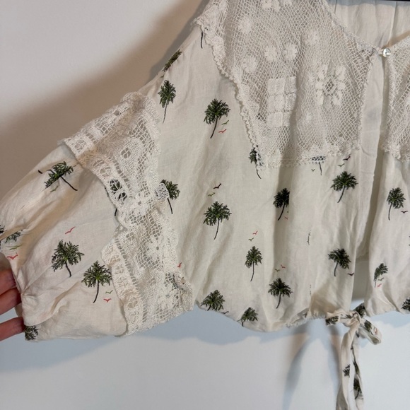 Free People Carolina Mindset Top White backless tie SZ M palm print linen blend - Picture 4 of 9